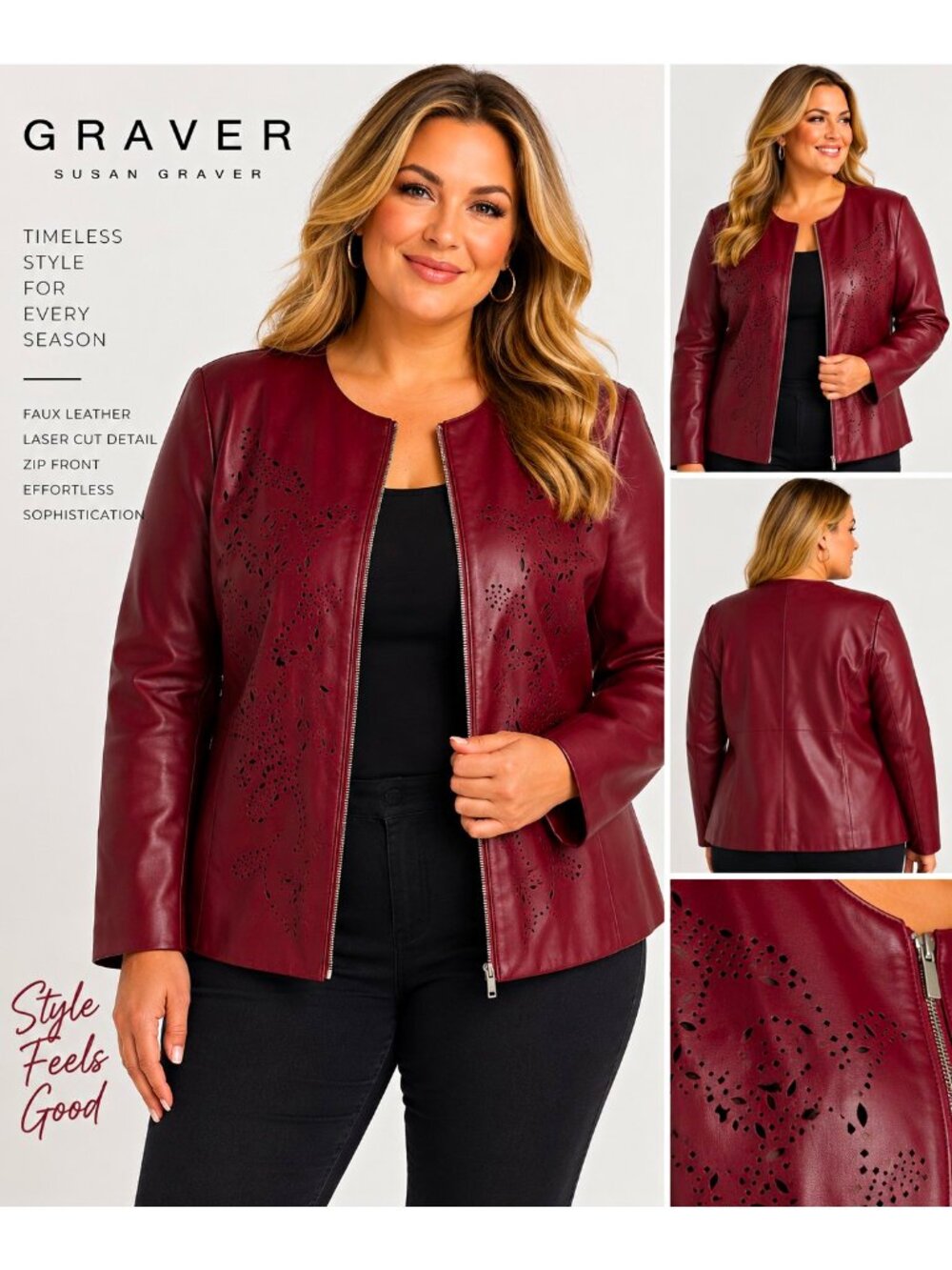 Susan Graver Burgundy Faux Leather Jacket Laser Cut Floral Zip Front Large